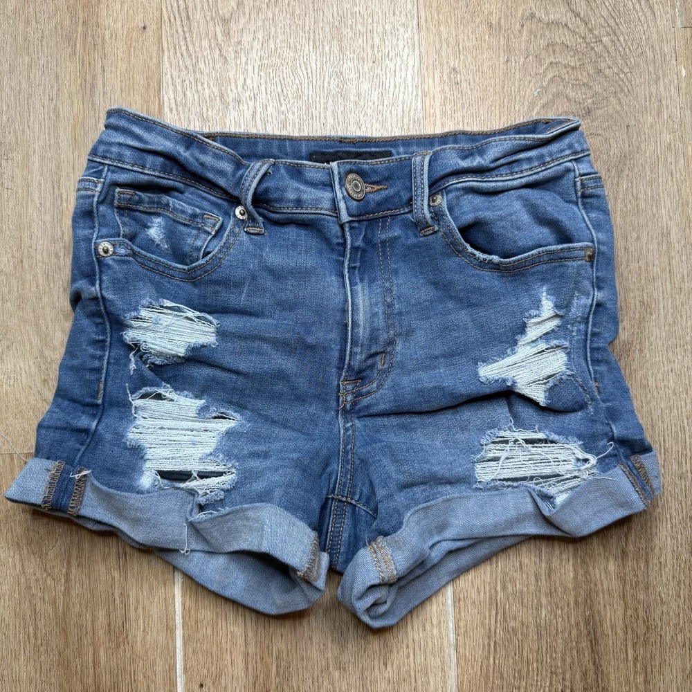 Aeropostale Denim Shorts Women's 2 Distressed Cuffed High Rise Curvy Midi 3"